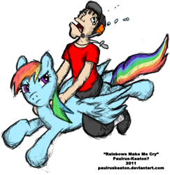 Size: 442x454 | Tagged: safe, artist:paulrus-keaton, derpibooru import, rainbow dash, human, crossover, crying, human on top, humans riding ponies, pun, rainbows make me cry, riding, scout, team fortress 2