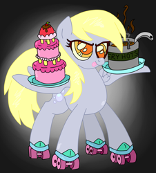 Size: 904x1000 | Tagged: safe, artist:abronyaccount, artist:krazykari, derpy hooves, pegasus, pony, cake, female, food, mare, roller skates, solo