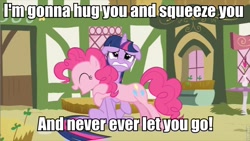 Size: 853x480 | Tagged: safe, derpibooru import, pinkie pie, twilight sparkle, earth pony, pony, elmyra duff, hug, image macro, imma snuggle you, tiny toon adventures