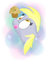 Size: 768x1024 | Tagged: safe, artist:andypriceart, artist:krazykari, derpy hooves, pegasus, pony, balancing, female, food, mare, muffin, ponies balancing stuff on their nose, solo