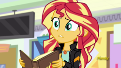 Size: 1920x1080 | Tagged: safe, screencap, sunset shimmer, equestria girls, mirror magic, spoiler:eqg specials, book, clothes, discovery family logo, female, geode of empathy, jacket, journal, leather jacket, mall, solo