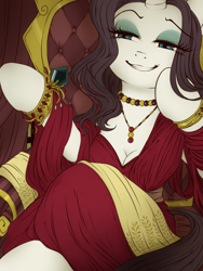 Size: 768x1024 | Tagged: safe, artist:umeguru, rarity, anthro, arm hooves, cleavage, clothes, condescending, dress, female, grin, jewelry, red dress, smug, solo