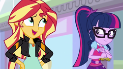 Size: 1920x1080 | Tagged: safe, screencap, sci-twi, sunset shimmer, twilight sparkle, equestria girls, mirror magic, spoiler:eqg specials, canterlot mall, clothes, discovery family logo, geode of empathy, geode of telekinesis, glasses, jacket, leather jacket, magical geodes, open mouth, ponytail