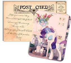 Size: 1200x1067 | Tagged: safe, artist:tiffanymarsou, rarity, pony, unicorn, glowing horn, magic, photo, postcard, solo, telekinesis
