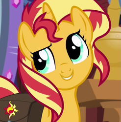Size: 1067x1079 | Tagged: safe, screencap, sunset shimmer, pony, equestria girls, mirror magic, spoiler:eqg specials, bag, bust, cropped, female, looking up, mare, raised eyebrow, smiling, solo
