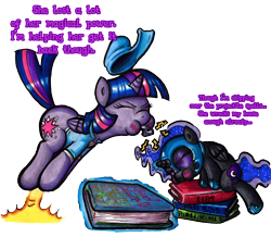 Size: 2061x1798 | Tagged: safe, artist:darkone10, derpibooru import, nightmare moon, twilight sparkle, twilight sparkle (alicorn), alicorn, pony, 1984, blushing, book, clothes, coach, colonel sassacre's daunting text of magical frivolity and practical japery, cute, eyes closed, female, filly, hat, homestuck, magic, mare, nightmare woon, puffy cheeks, shirt, simple background, transparent background, whistle
