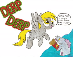 Size: 2188x1696 | Tagged: safe, artist:dustyscarecrow, derpy hooves, catfish, fish, pegasus, pony, derp, female, food, french fries, mare, mcdonald's, not salmon, wat