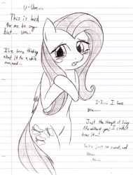 Size: 2191x2876 | Tagged: safe, artist:shadowponi, fluttershy, pegasus, pony, blushing, dialogue, grayscale, lined paper, love, monochrome, solo, traditional art