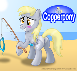 Size: 1024x939 | Tagged: safe, artist:aleximusprime, derpy hooves, pegasus, pony, bikini, blushing, clothes, coppertone, cute, derpabetes, female, fishing rod, i just don't know what went wrong, mare, plot, side-tie bikini, solo, swimsuit, undressing