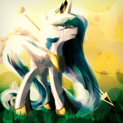 Size: 1300x1300 | Tagged: safe, artist:crestfallencelestia, princess celestia, alicorn, pony, crepuscular rays, solo, spear, weapon