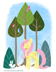 Size: 618x800 | Tagged: safe, artist:caycowa, angel bunny, fluttershy, bird, pegasus, pony, eyes closed, tree