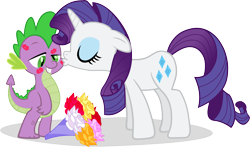 Size: 6500x3810 | Tagged: safe, artist:slb94, rarity, spike, dragon, pony, unicorn, female, flower, kiss mark, kiss on the cheek, kissing, male, mare, shipping, simple background, sparity, straight, transparent background