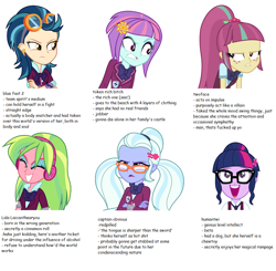 Size: 1004x982 | Tagged: safe, indigo zap, lemon zest, sci-twi, sour sweet, sugarcoat, sunny flare, twilight sparkle, equestria girls, friendship games, clothes, crystal prep academy uniform, crystal prep shadowbolts, glasses, headphones, meme, school uniform, shadow six, simple background, tag yourself, text, vulgar