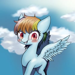 Size: 1024x1024 | Tagged: safe, artist:unousaya, derpibooru import, rainbow dash, pegasus, pony, alternate hairstyle, blushing, cloud, cloudy, sky, solo