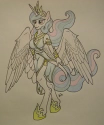 Size: 1024x1233 | Tagged: safe, artist:cyanjames2819, princess celestia, anthro, unguligrade anthro, breasts, clothes, dress, female, princess breastia, solo, spread wings, traditional art