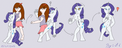 Size: 4955x1990 | Tagged: safe, artist:skyspeardraw, rarity, anthro, human, blue eyes, brown hair, clothes, colored skin, costume, digital art, female, gray background, human female, human to anthro, light skin, mare, mc, mind control, ponysuit, purple hair, purple mane, purple tail, shirt, simple background, skirt, transformation, white skin