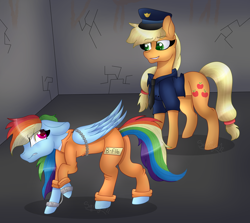 Size: 4028x3591 | Tagged: safe, artist:tomboygirl45, derpibooru import, applejack, rainbow dash, earth pony, pegasus, pony, annoyed, b-f16, bound wings, chains, clothes, cuffs, jail, never doubt rainbowdash69's involvement, plot, police uniform, prison, prison outfit, prisoner rd, shackles, smiling, smirk