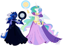 Size: 915x675 | Tagged: safe, artist:thomisus, princess celestia, princess luna, anthro, clothes, dress, moon, simple background, sun, tangible heavenly object