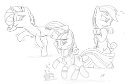 Size: 1512x1012 | Tagged: safe, artist:zlack3r, derpibooru import, rainbow dash, rarity, twilight sparkle, pegasus, pony, unicorn, monochrome, sketch, workout