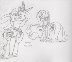 Size: 1259x1082 | Tagged: safe, artist:slash-sun-slash, princess celestia, princess luna, alicorn, pony, celestiadoodle, monochrome, plushie, raised hoof, traditional art, wavy mouth