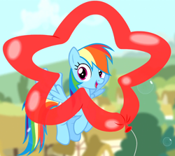 Size: 1164x1040 | Tagged: safe, derpibooru import, screencap, rainbow dash, pegasus, pony, pinkie pride, balloon, cropped, happy, solo