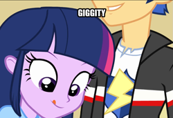 Size: 839x574 | Tagged: safe, derpibooru import, edit, edited screencap, screencap, flash sentry, twilight sparkle, equestria girls, equestria girls (movie), caption, cropped, female, funny, funny as hell, giggity, image macro, licking, licking lips, male, meme, out of context, tongue out