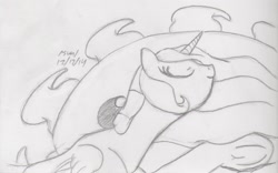 Size: 1259x786 | Tagged: safe, artist:slash-sun-slash, princess celestia, alicorn, pony, celestiadoodle, eyes closed, monochrome, plushie, sleeping, smiling, solo, traditional art, underhoof