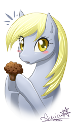 Size: 495x861 | Tagged: safe, artist:auriaslayer, derpy hooves, pegasus, pony, blushing, female, food, mare, muffin, simple background, solo, transparent background