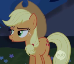 Size: 694x599 | Tagged: safe, screencap, applejack, earth pony, pony, castle mane-ia, season 4, hub logo, hubble, solo