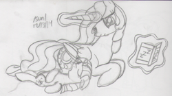 Size: 1138x639 | Tagged: safe, artist:slash-sun-slash, princess celestia, twilight sparkle, alicorn, pony, book, celestiadoodle, eyes closed, levitation, magic, momlestia, monochrome, on back, sleeping, traditional art