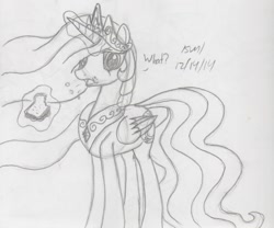 Size: 1222x1015 | Tagged: safe, artist:slash-sun-slash, princess celestia, alicorn, pony, celestiadoodle, eating, food, levitation, magic, monochrome, sandwich, solo, traditional art