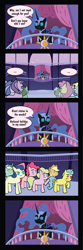 Size: 1613x4854 | Tagged: safe, artist:wigglyspatula, applejack, bon bon, cheerilee, derpy hooves, lyra heartstrings, nightmare moon, pinkie pie, sweetie drops, earth pony, pegasus, pony, ..., :, comic, female, mare, unamused