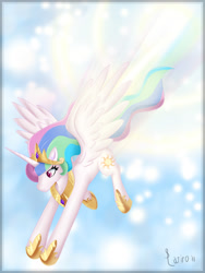 Size: 1500x2000 | Tagged: safe, artist:darkstalkerlati, princess celestia, alicorn, pony, artifact, crown, ethereal mane, flying, hoof shoes, jewelry, regalia, solo, spread wings, trail