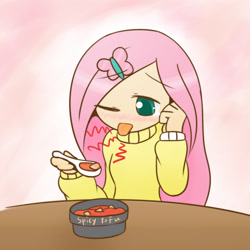 Size: 1878x1878 | Tagged: safe, artist:howxu, fluttershy, human, :p, blushing, clothes, cute, eating, food, gradient background, humanized, one eye closed, solo, soup, spicy, spoon, sweater, sweatershy, tofu (food), tongue out, wink