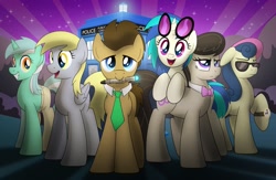 Size: 1793x1169 | Tagged: safe, artist:drawponies, bon bon, derpy hooves, dj pon-3, doctor whooves, lyra heartstrings, octavia melody, sweetie drops, vinyl scratch, earth pony, pegasus, pony, unicorn, slice of life (episode), background six, doctor who, female, irrational exuberance, male, mare, secret agent sweetie drops, smiling, sonic screwdriver, stallion, tardis, unamused