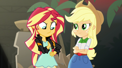 Size: 1912x1072 | Tagged: safe, screencap, applejack, sunset shimmer, equestria girls, movie magic, spoiler:eqg specials, duo, faic, looking at each other, out of context, plant, smiling, smug