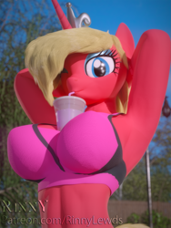 Size: 1445x1920 | Tagged: safe, artist:rinny, oc, oc only, oc:scarlet rose, anthro, 3d, abs, armpits, blender, clothes, female, han, hands-free bubble tea challenge, looking at you, midriff, one eye closed, pink bra, pink underwear, ponytail, solo, sports bra, underwear, unicorn oc, wink