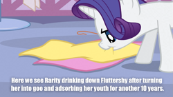 Size: 1279x719 | Tagged: safe, screencap, fluttershy, rarity, pegasus, pony, unicorn, stare master, fabric, image macro, meme, mouth hold, solo