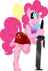 Size: 3503x5124 | Tagged: safe, artist:gray-gold, pinkie pie, anthro, plantigrade anthro, barefoot, feet, solo, sword