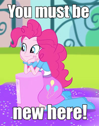 Size: 446x569 | Tagged: safe, screencap, pinkie pie, equestria girls, pinkie on the one, rainbow rocks, caption, condescending wonka, cropped, image macro, meme, solo, you must be new here