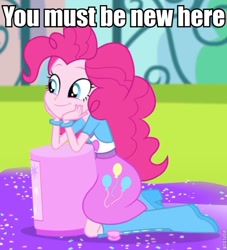 Size: 575x633 | Tagged: safe, screencap, pinkie pie, equestria girls, pinkie on the one, rainbow rocks, balloon, boots, bracelet, clothes, condescending wonka, cute, diapinkes, high heel boots, jewelry, meme, roflbot, skirt, solo, you must be new here