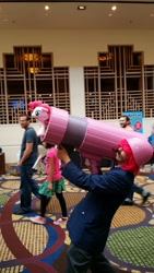 Size: 900x1600 | Tagged: artist needed, safe, pinkie pie, human, 2014, babscon, convention, cosplay, helmet, irl, irl human, moustache, party cannon, photo, plushie, rocket launcher, rule 63, solo, weapon