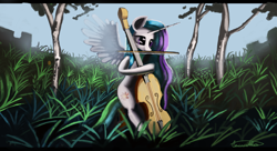 Size: 1280x698 | Tagged: dead source, safe, artist:auroriia, princess celestia, alicorn, pony, cello, mouth hold, musical instrument, solo