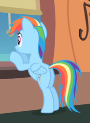 Size: 318x432 | Tagged: safe, derpibooru import, screencap, rainbow dash, pegasus, pony, bipedal, cropped, equestria games, plot, solo, train