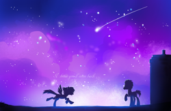 Size: 3707x2412 | Tagged: safe, artist:keen6, derpy hooves, doctor whooves, pegasus, pony, doctor who, female, mare, night, running, shooting star, spread wings, stars, tardis