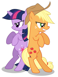 Size: 4518x6000 | Tagged: safe, artist:masem, applejack, twilight sparkle, unicorn twilight, changeling, earth pony, pony, unicorn, a canterlot wedding, absurd resolution, bipedal, duo, female, grin, mare, simple background, smiling, transparent background, vector