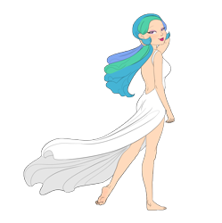 Size: 4454x4472 | Tagged: safe, artist:carnifex, princess celestia, human, absurd resolution, back, barefoot, bedroom eyes, clothes, dress, feet, humanized, lipstick, looking at you, looking back, simple background, smiling, solo, transparent background, walking