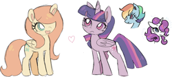 Size: 1444x649 | Tagged: safe, artist:witchette, derpibooru import, fluttershy, rainbow dash, rarity, twilight sparkle, twilight sparkle (alicorn), alicorn, pegasus, pony, unicorn, alternate hairstyle, bust, female, heart, mare, simple background, smiling, white background