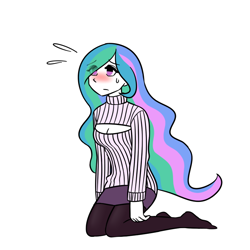 Size: 800x800 | Tagged: safe, artist:cupcookie, princess celestia, human, blushing, clothes, humanized, keyhole turtleneck, missing shoes, open-chest sweater, pantyhose, pixiv, skirt, solo, sweater, turtleneck