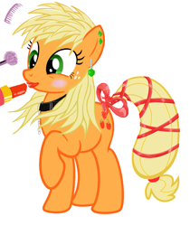 Size: 999x1189 | Tagged: safe, applejack, earth pony, pony, /mlp/, alternate hairstyle, collar, comb, earring, lipstick, makeover, makeup, raised hoof, ribbon, rouge, simple background, solo, tail bow